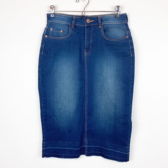 uskees Dresses & Skirts - USKEES MIDI MIA DENIM JEAN SKIRT RAW HEM SIZE 8
